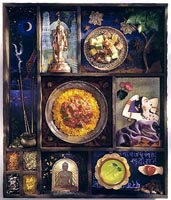 Indian meal in picture frame with ingredients, statues and images
