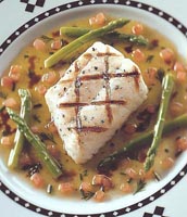 chargrilled brill fillet with aspargus and tomatoe dressing